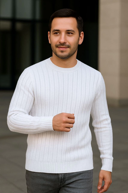 Bisiklet Yuvarlak Yaka Triko Kazak Pamuklu Kalın Fitilli Dokuma, Regular Fit Uzun Kollu Kışlık Model - Beyaz