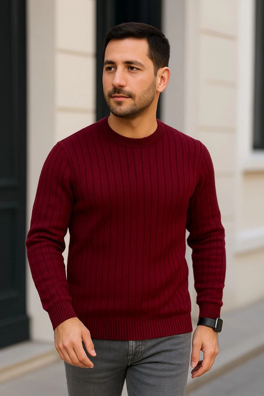 Bisiklet Yuvarlak Yaka Triko Kazak Pamuklu Kalın Fitilli Dokuma, Regular Fit Uzun Kollu Kışlık Model - Bordo