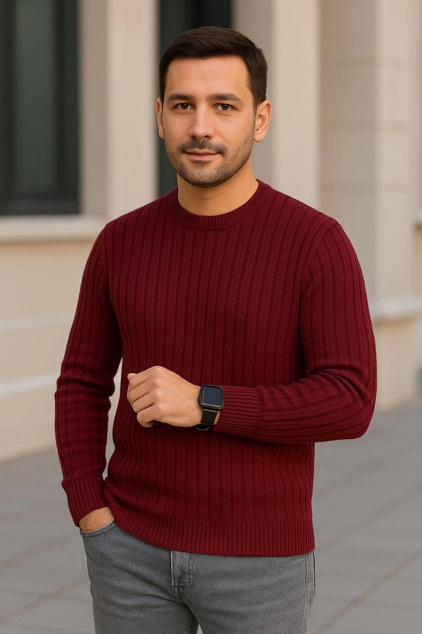 Bisiklet Yuvarlak Yaka Triko Kazak Pamuklu Kalın Fitilli Dokuma, Regular Fit Uzun Kollu Kışlık Model - Bordo