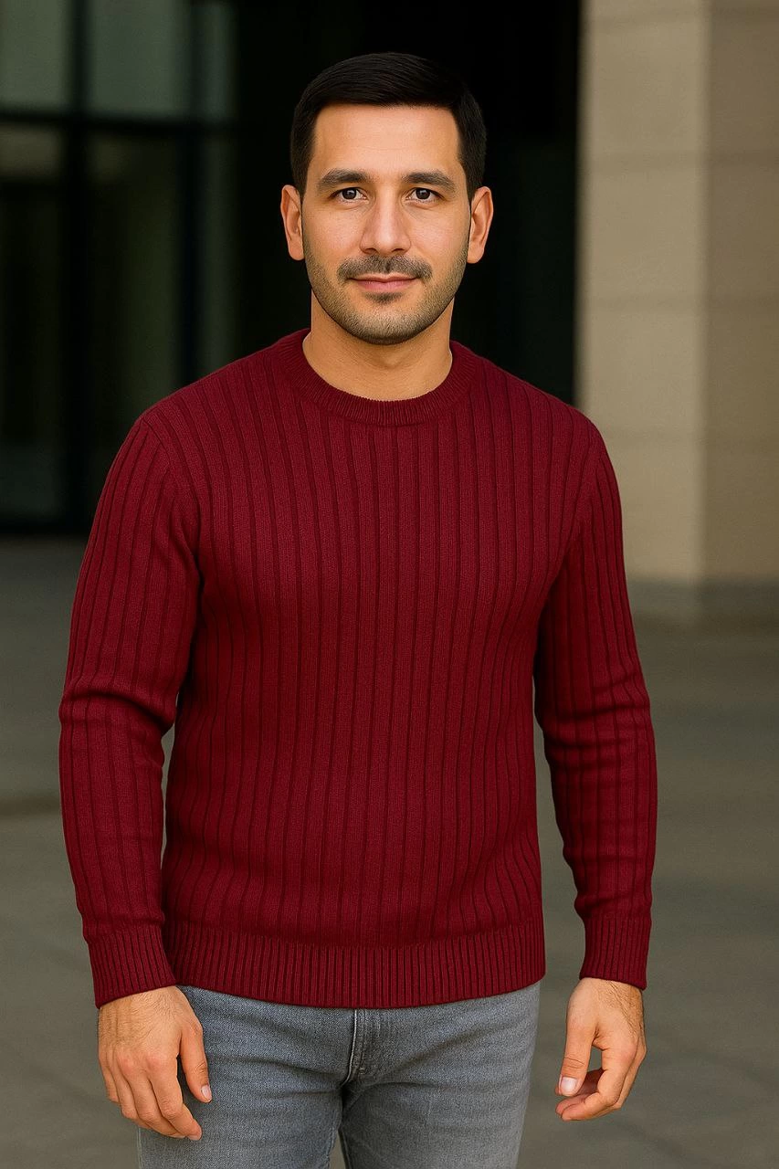 Bisiklet Yuvarlak Yaka Triko Kazak Pamuklu Kalın Fitilli Dokuma, Regular Fit Uzun Kollu Kışlık Model - Bordo