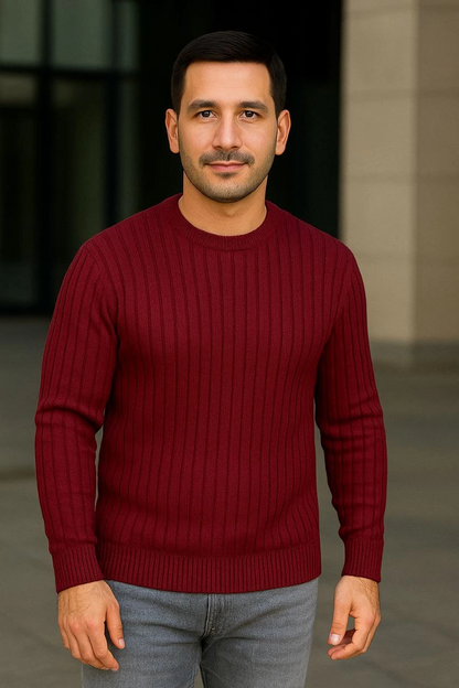 Bisiklet Yuvarlak Yaka Triko Kazak Pamuklu Kalın Fitilli Dokuma, Regular Fit Uzun Kollu Kışlık Model - Bordo