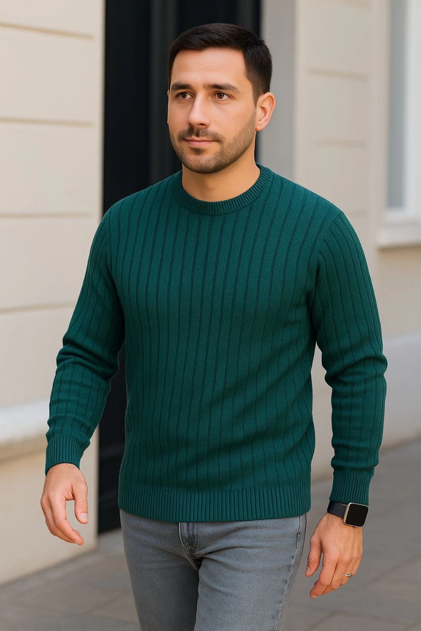 Bisiklet Yuvarlak Yaka Triko Kazak Pamuklu Kalın Fitilli Dokuma, Regular Fit Uzun Kollu Kışlık Model - Haki