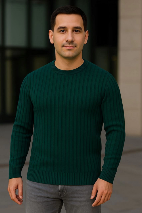 Bisiklet Yuvarlak Yaka Triko Kazak Pamuklu Kalın Fitilli Dokuma, Regular Fit Uzun Kollu Kışlık Model - Haki