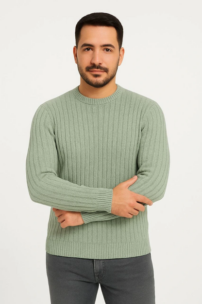 Bisiklet Yuvarlak Yaka Triko Kazak Pamuklu Kalın Fitilli Dokuma, Regular Fit Uzun Kollu Kışlık Model - Mint Yeşili