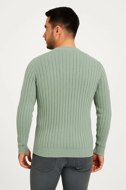 Bisiklet Yuvarlak Yaka Triko Kazak Pamuklu Kalın Fitilli Dokuma, Regular Fit Uzun Kollu Kışlık Model - Mint Yeşili
