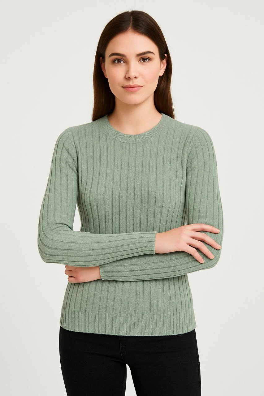 Bisiklet Yuvarlak Yaka Triko Kazak Pamuklu Kalın Fitilli Dokuma, Regular Fit Uzun Kollu Kışlık Model - Mint Yeşili