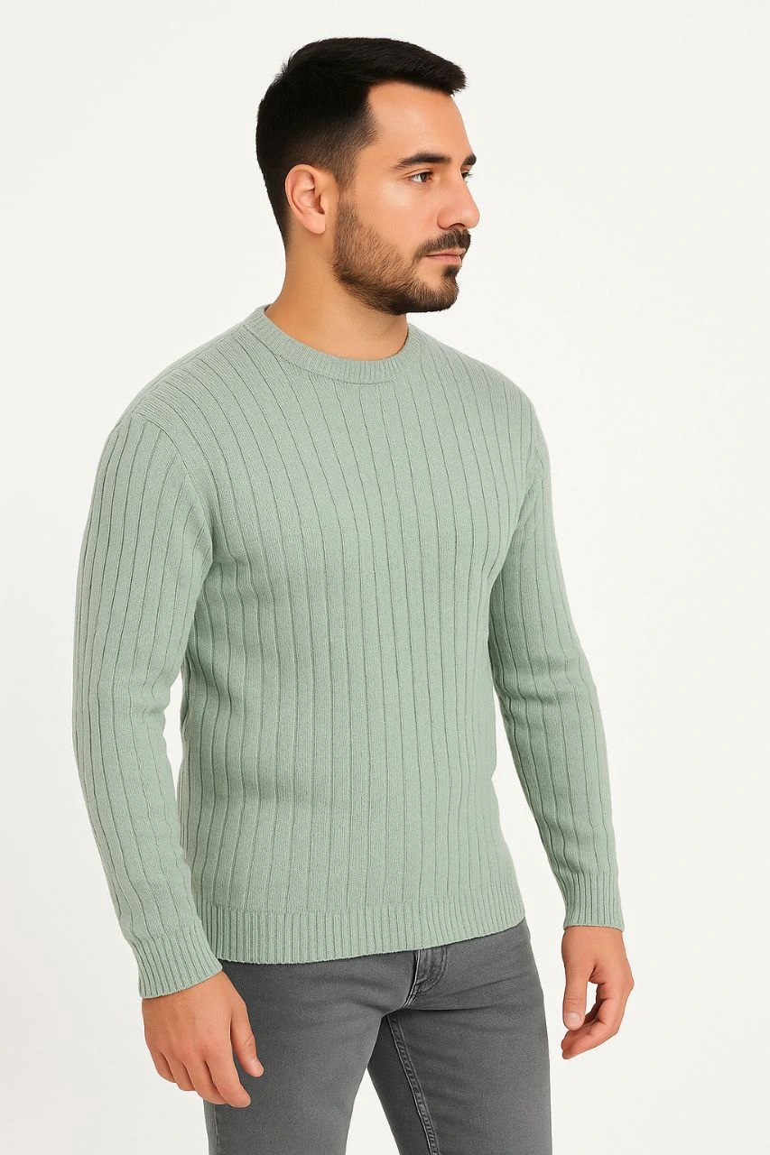 Bisiklet Yuvarlak Yaka Triko Kazak Pamuklu Kalın Fitilli Dokuma, Regular Fit Uzun Kollu Kışlık Model - Mint Yeşili