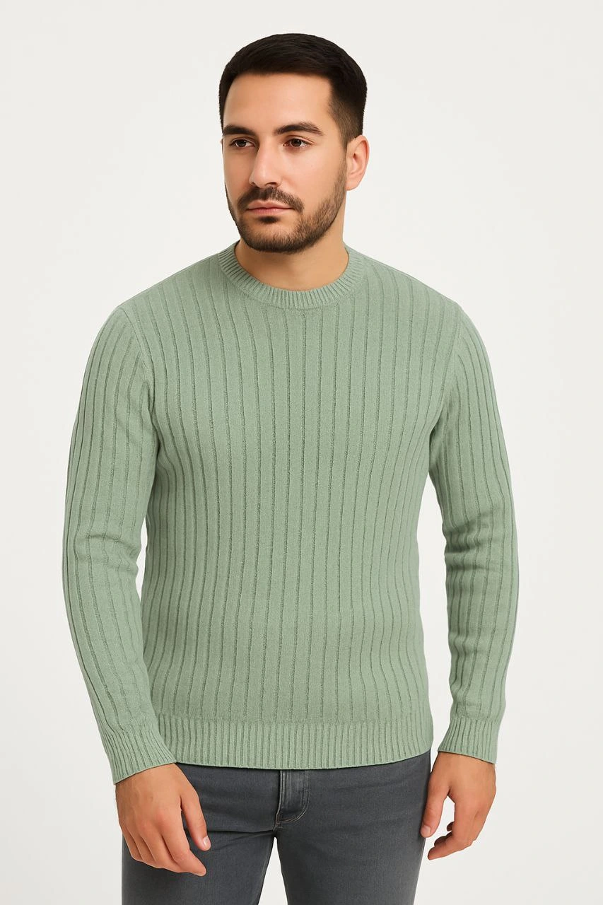Bisiklet Yuvarlak Yaka Triko Kazak Pamuklu Kalın Fitilli Dokuma, Regular Fit Uzun Kollu Kışlık Model - Mint Yeşili