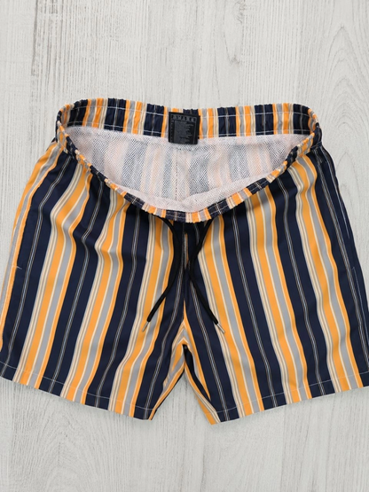 Erkek Çizgili Deniz Şortu Cepli File Astarlı Hızlı Kuruyan Bağcıklı - Lacivert Turuncu