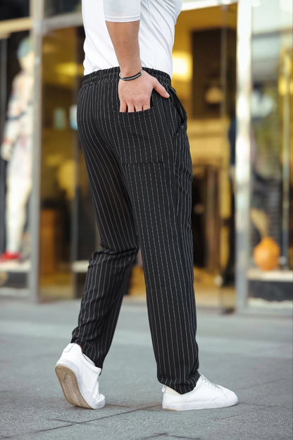 Cizgili Dokuma Krep Jogger Buggy Pantalon Rahat kalıp - Siyah