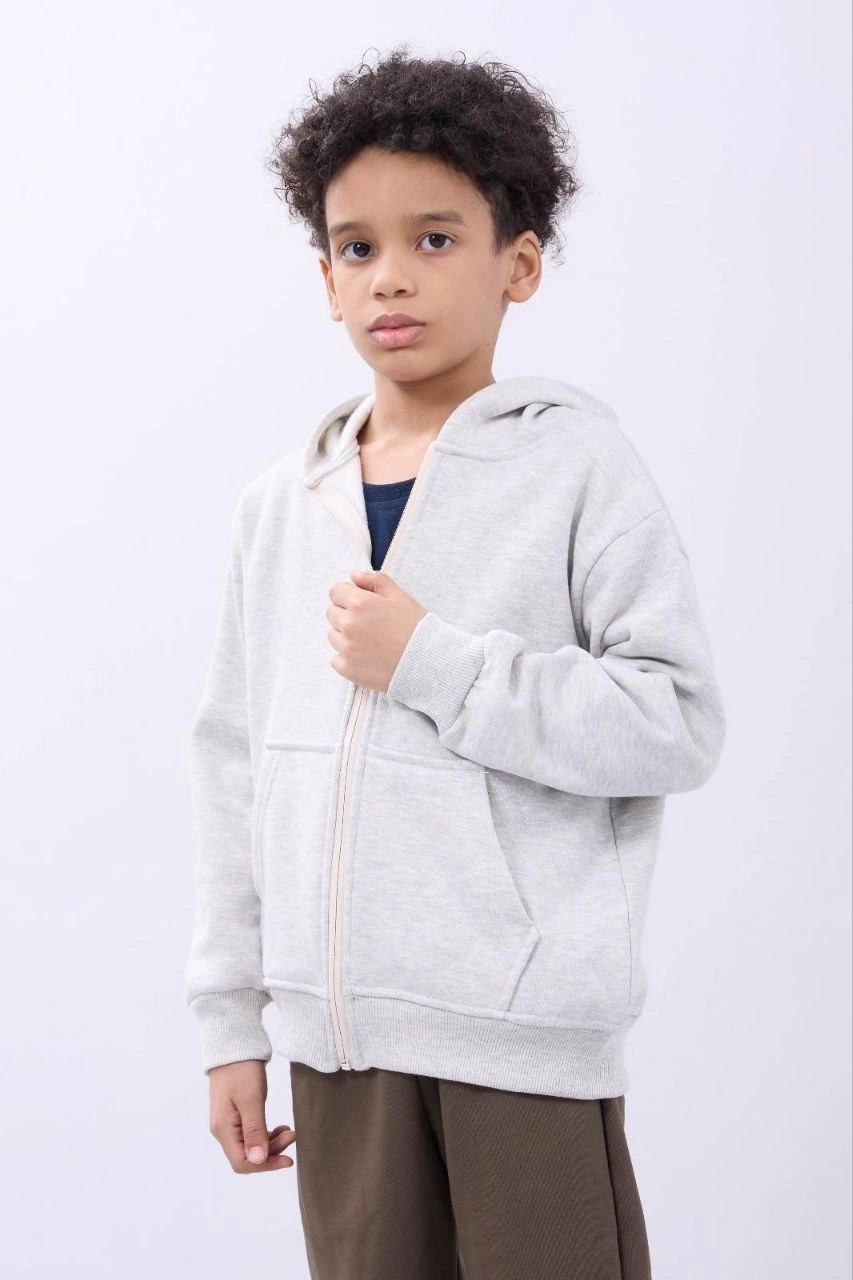Kapüşonlu Kanguru Çepli Tam Fermuarlı Hırka SweatShirt - Gri -