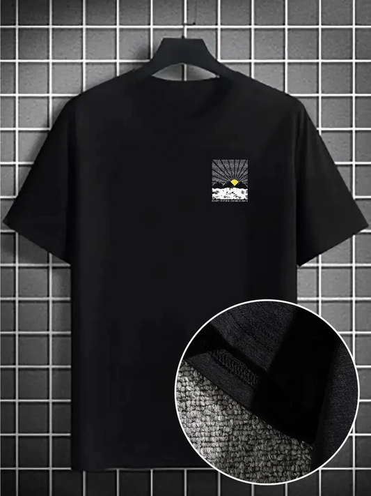Dağ Grafikli Tişört, Yaz için Büyük Beden Rahat T-shirt - Siyah -