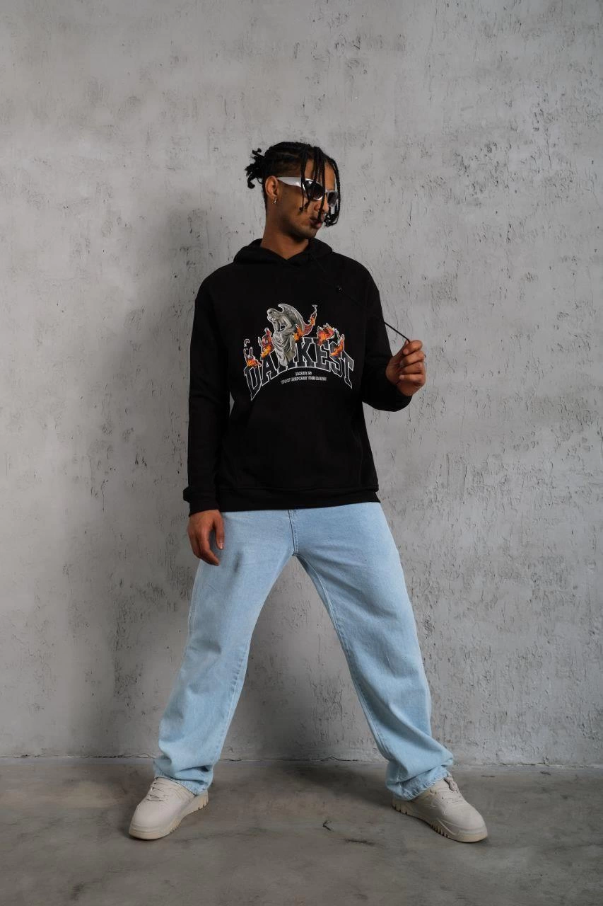 Oversize Kapüşonlu Sweatshirt - Siyah Renk Üç İplik İçi Pamuklu Kanguru Cepli Baskılı Hoodie Rahat Kalıp Kışlık Günlük Kombinlere Uygun - Siyah -
