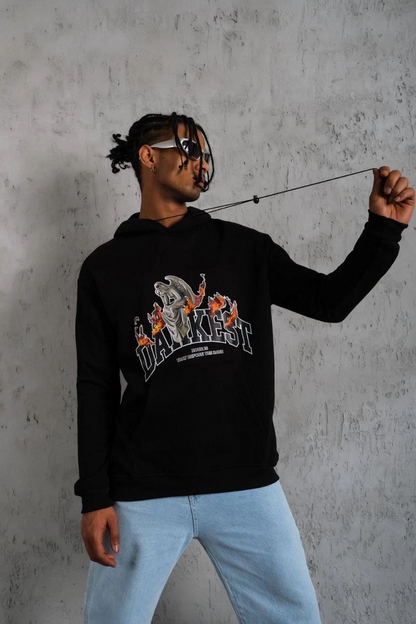 Oversize Kapüşonlu Sweatshirt - Siyah Renk Üç İplik İçi Pamuklu Kanguru Cepli Baskılı Hoodie Rahat Kalıp Kışlık Günlük Kombinlere Uygun - Siyah -