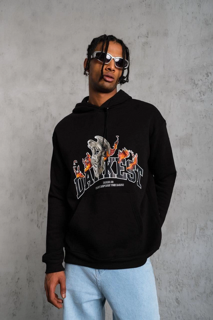 Oversize Kapüşonlu Sweatshirt - Siyah Renk Üç İplik İçi Pamuklu Kanguru Cepli Baskılı Hoodie Rahat Kalıp Kışlık Günlük Kombinlere Uygun - Siyah -