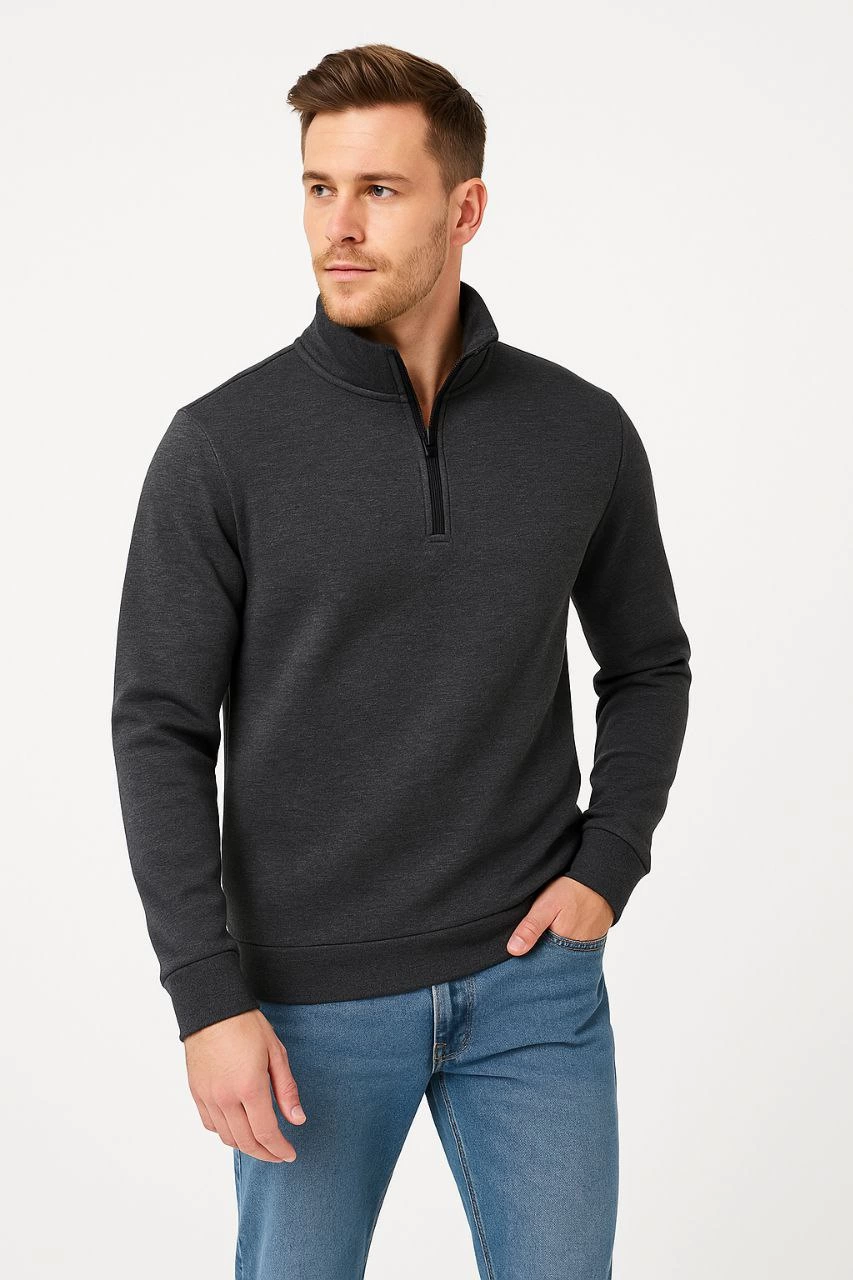 Dik Yaka Sweatshirt Dik Yaka Yarım Fermuarlı 3 İplik Şardonlu Pamuk Kumaş - Antrasit -
