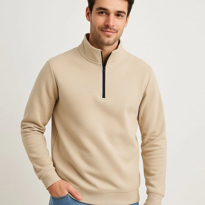 Erkek Dik Yaka Sweatshirt Dik Yaka Yarım Fermuarlı 3 İplik Pamuk Kumaş - Bej