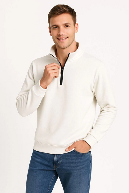 Dik Yaka Sweatshirt Dik Yaka Yarım Fermuarlı 3 İplik Şardonlu Pamuk Kumaş - Beyaz -