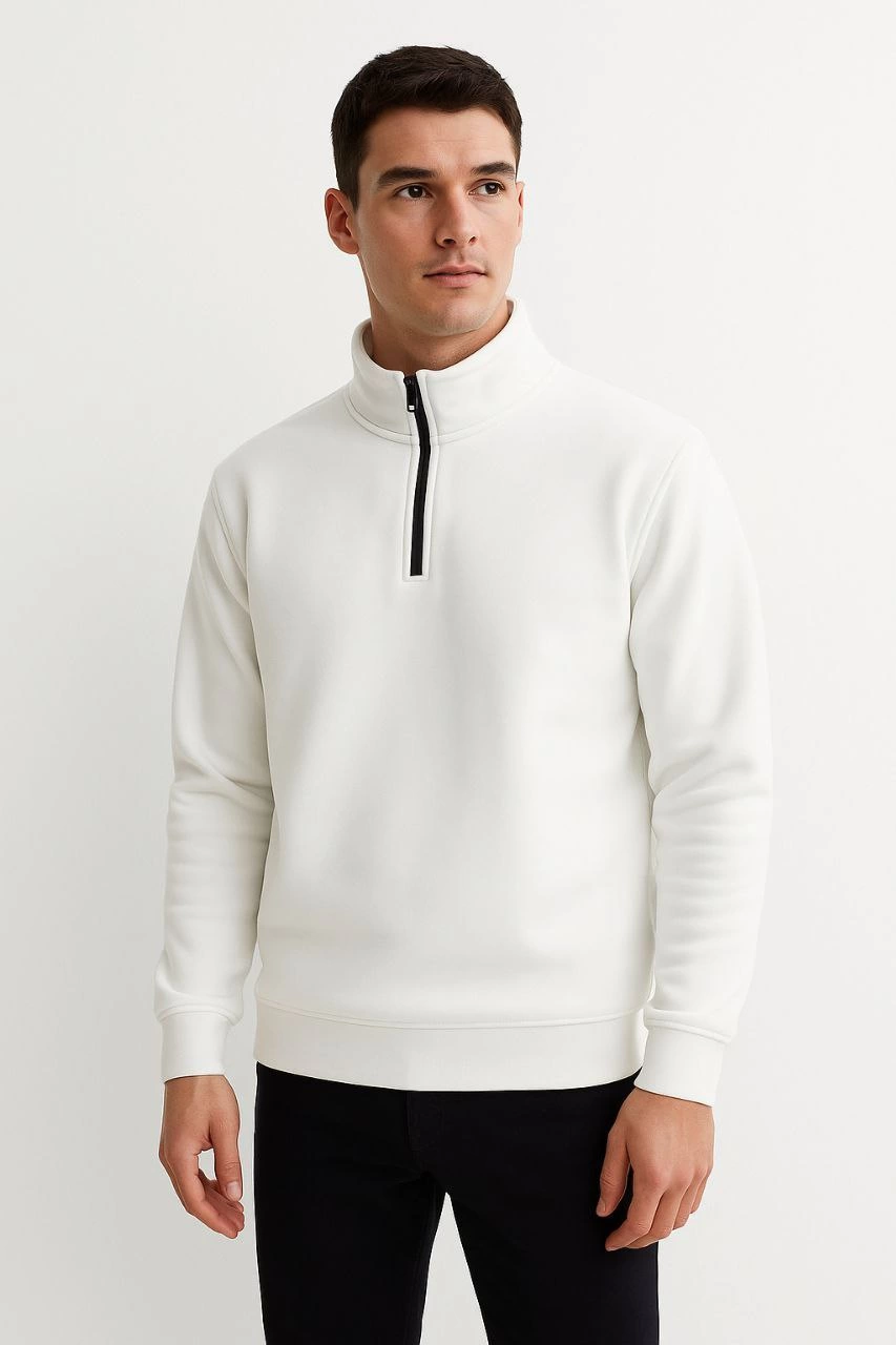 Dik Yaka Sweatshirt Dik Yaka Yarım Fermuarlı 3 İplik Şardonlu Pamuk Kumaş - Beyaz -