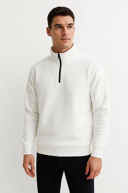Dik Yaka Sweatshirt Dik Yaka Yarım Fermuarlı 3 İplik Şardonlu Pamuk Kumaş - Beyaz -