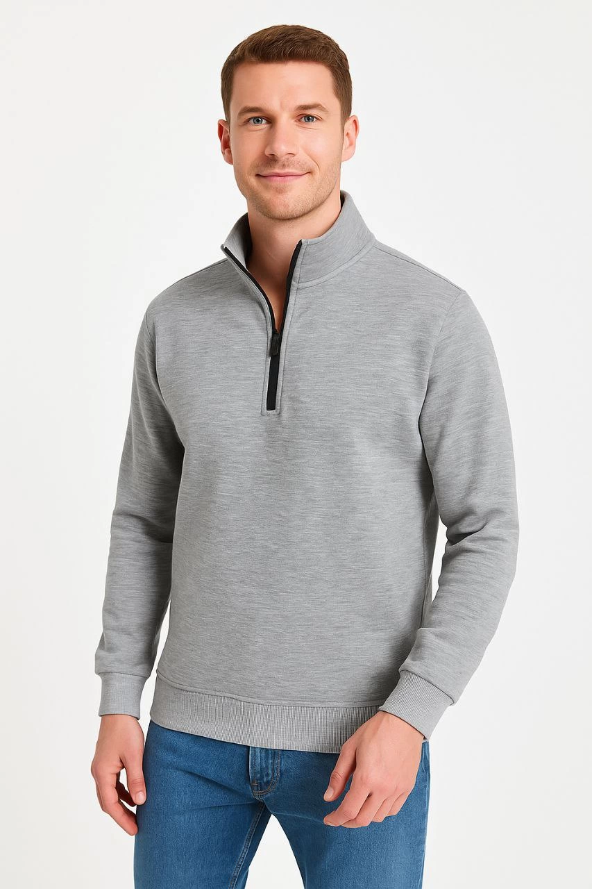 Dik Yaka Sweatshirt Dik Yaka Yarım Fermuarlı 3 İplik Şardonlu Pamuk Kumaş - Gri -