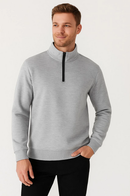 Dik Yaka Sweatshirt Dik Yaka Yarım Fermuarlı 3 İplik Şardonlu Pamuk Kumaş - Gri -