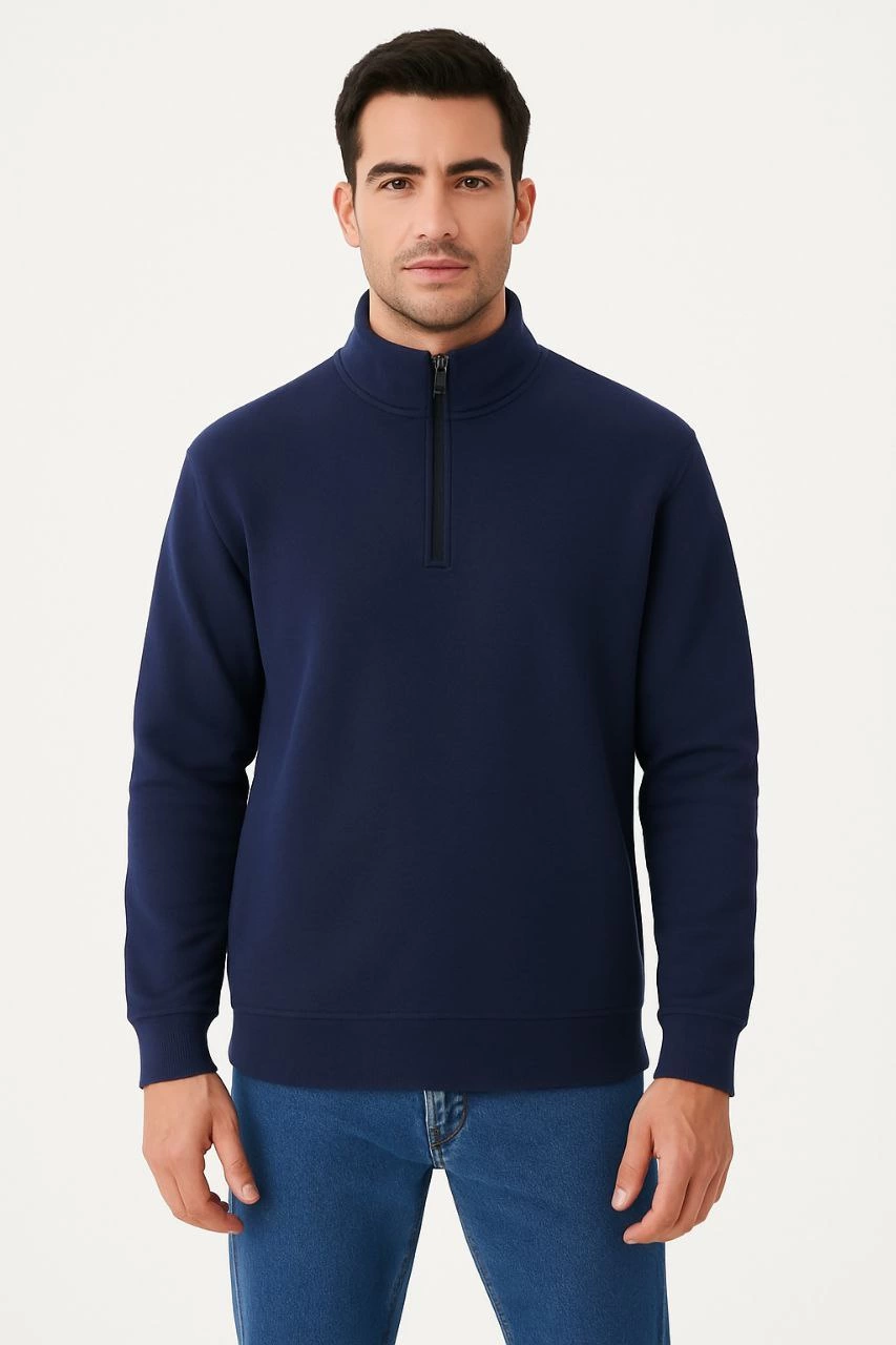 Dik Yaka Sweatshirt Dik Yaka Yarım Fermuarlı 3 İplik Şardonlu Pamuk Kumaş - Lacivert