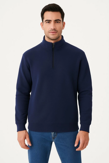 Dik Yaka Sweatshirt Dik Yaka Yarım Fermuarlı 3 İplik Şardonlu Pamuk Kumaş - Lacivert