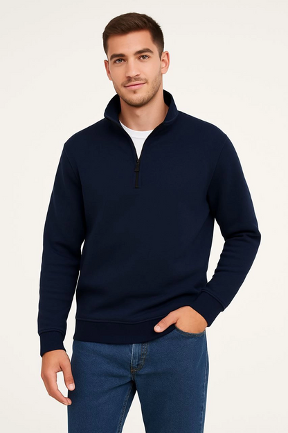 Dik Yaka Sweatshirt Dik Yaka Yarım Fermuarlı 3 İplik Şardonlu Pamuk Kumaş - Lacivert