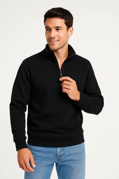 Dik Yaka Sweatshirt Dik Yaka Yarım Fermuarlı 3 İplik Şardonlu Pamuk Kumaş - Siyah -