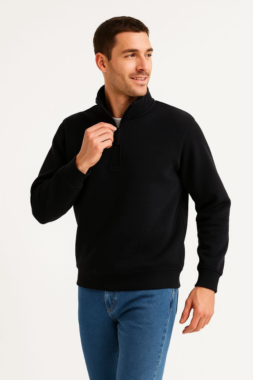 Dik Yaka Sweatshirt Dik Yaka Yarım Fermuarlı 3 İplik Şardonlu Pamuk Kumaş - Siyah -