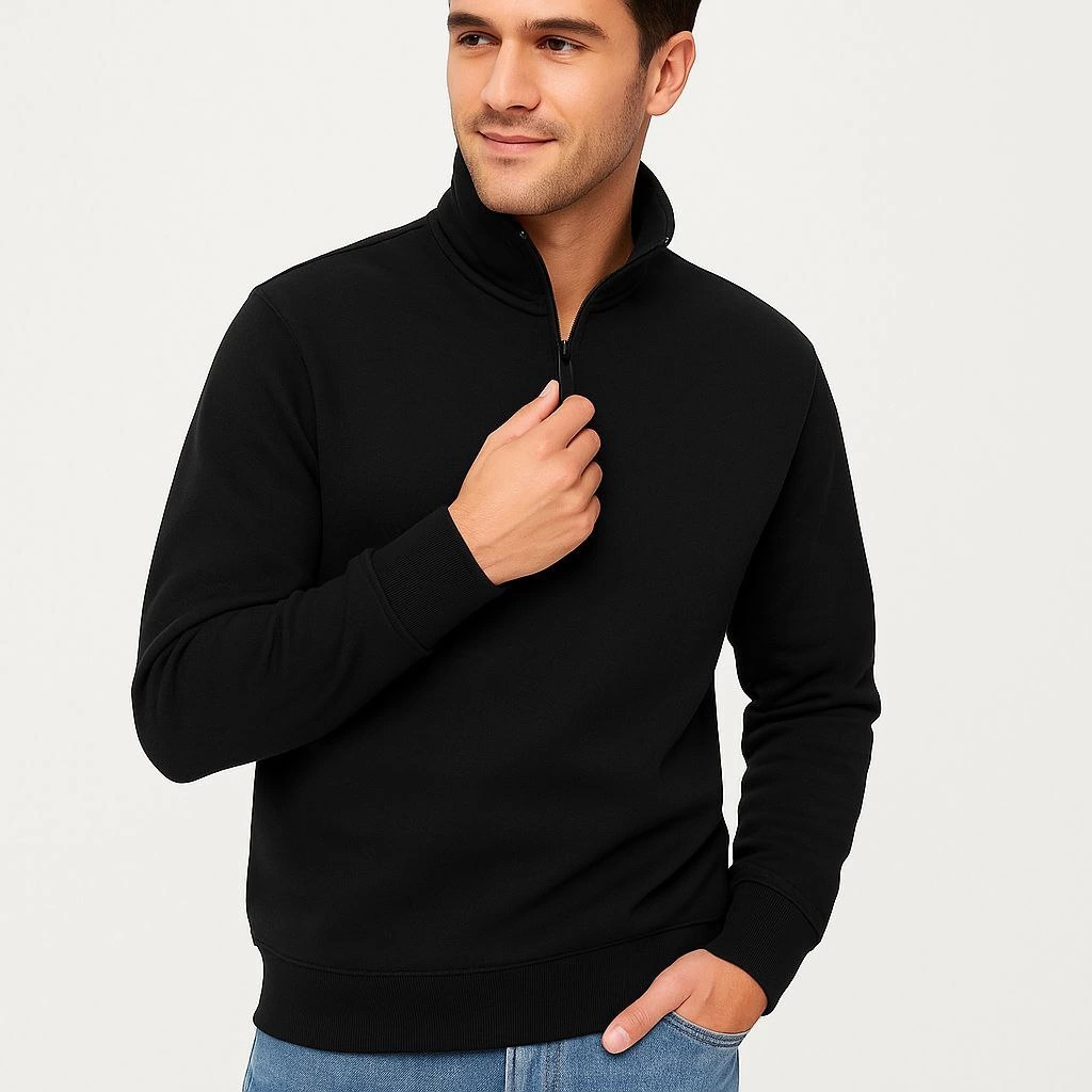 Dik Yaka Sweatshirt Dik Yaka Yarım Fermuarlı 3 İplik Şardonlu Pamuk Kumaş - Siyah -