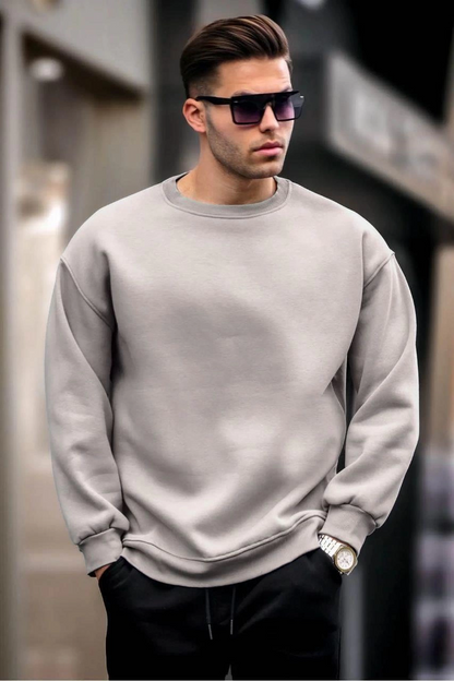 Erkek Düz Bisiklet Yaka 3 iplik Sweatshirt - Boyalı Gri