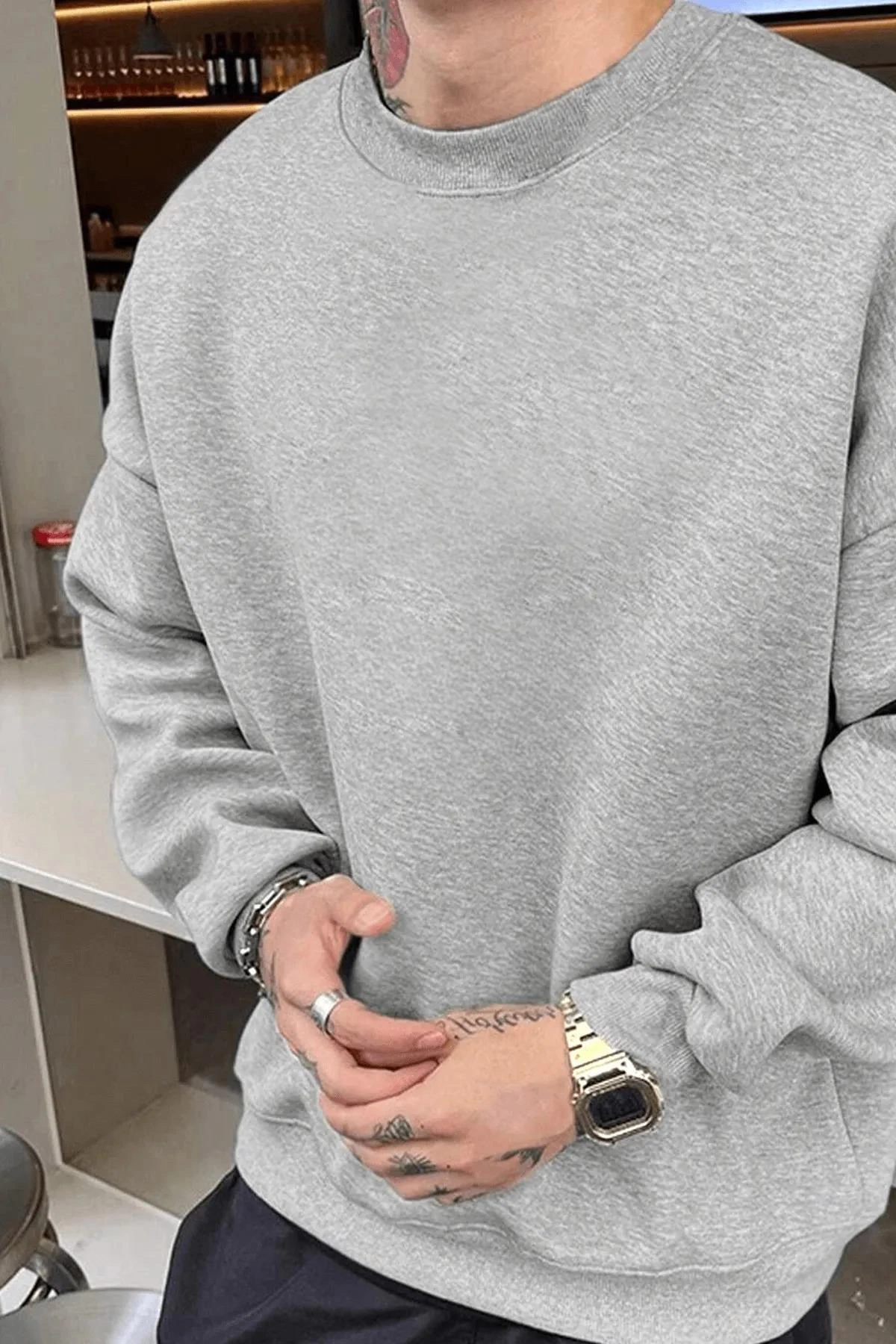 Düz Bisiklet Yaka Sweat - Gri -