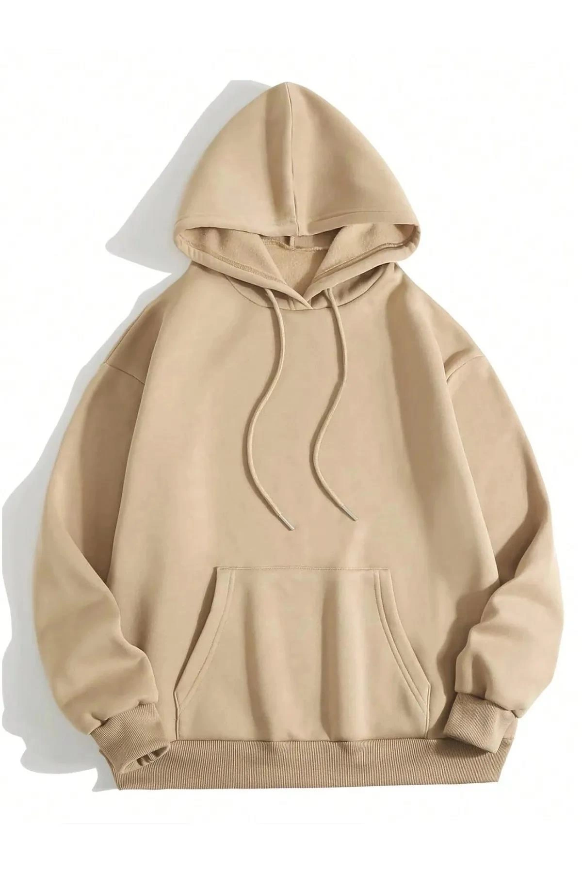 Düz Kapüşonlu Sweat - Bej -