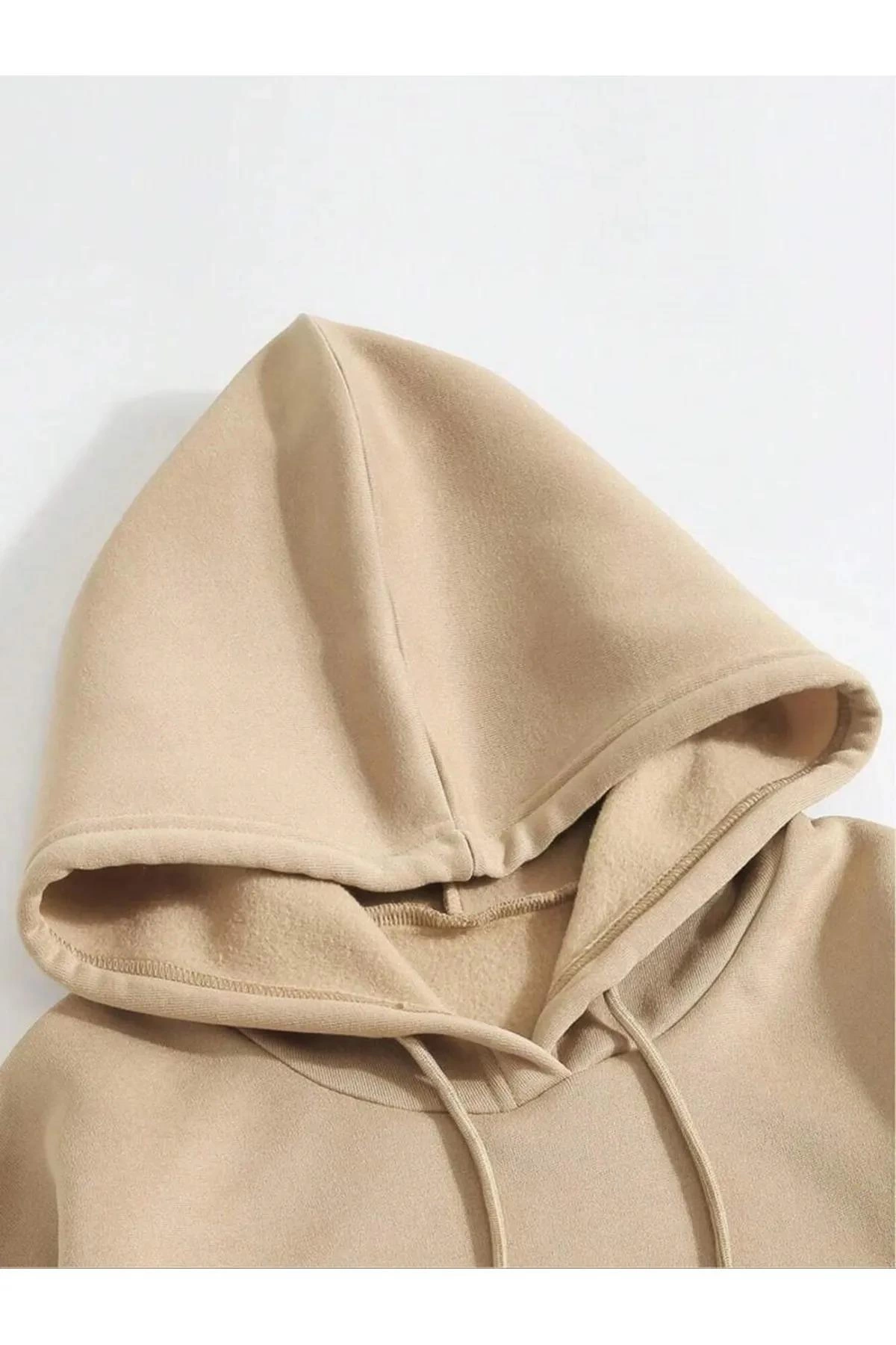 Düz Kapüşonlu Sweat - Bej -