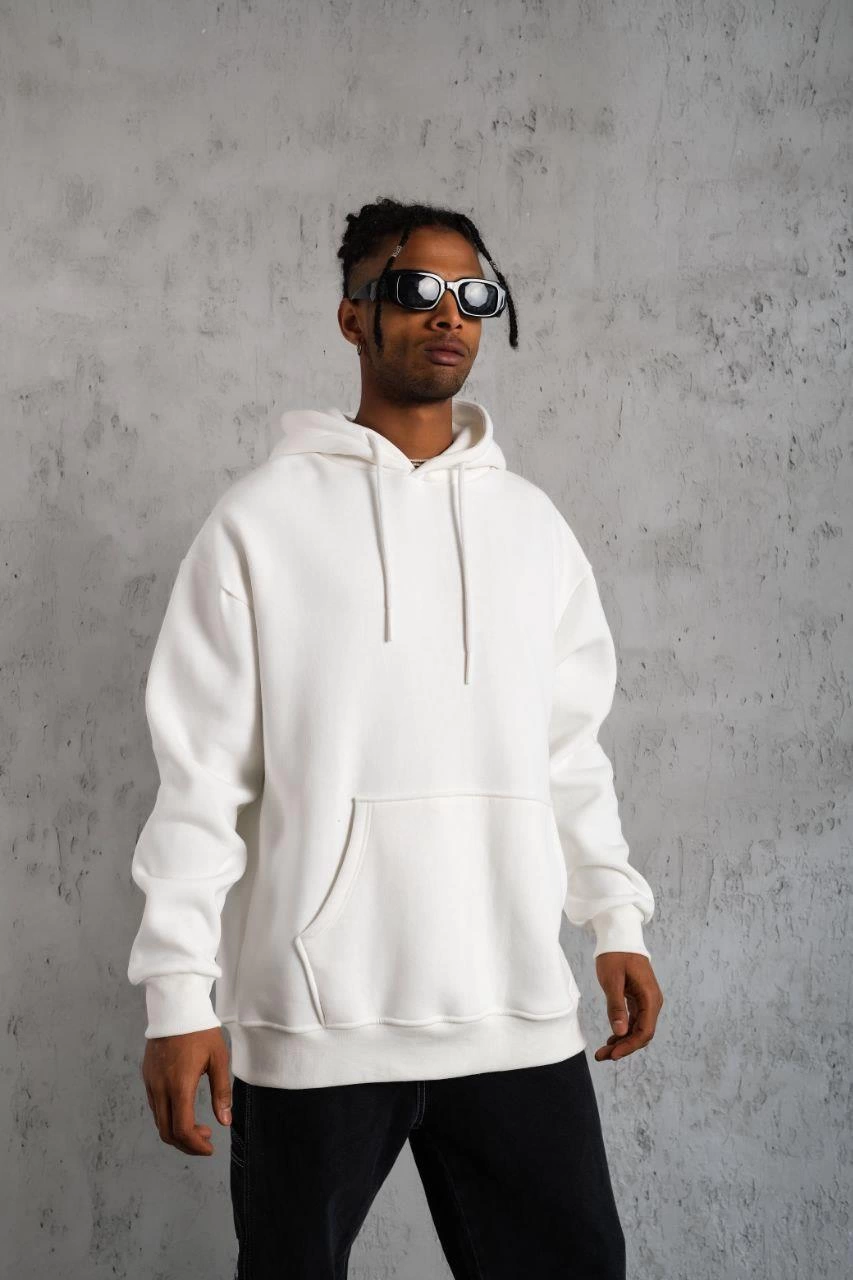 Düz Kapüşonlu Sweat - Beyaz -