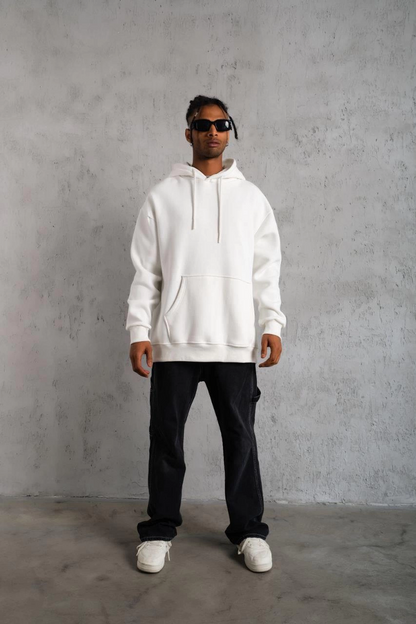 Düz Kapüşonlu Sweat - Beyaz -