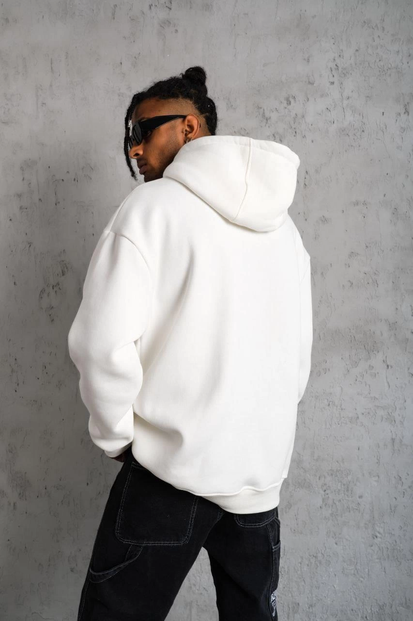 Düz Kapüşonlu Sweat - Beyaz -
