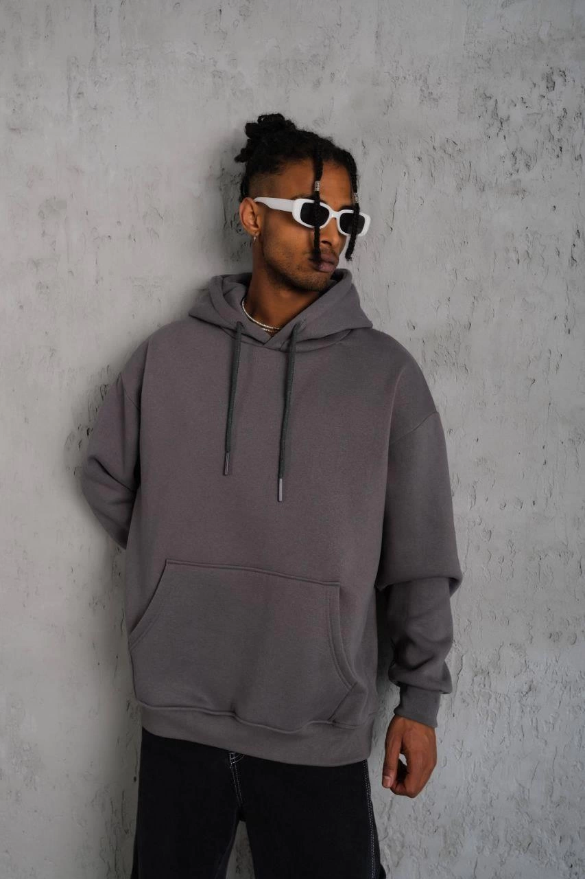 Düz Kapüşonlu Sweat - Gri -