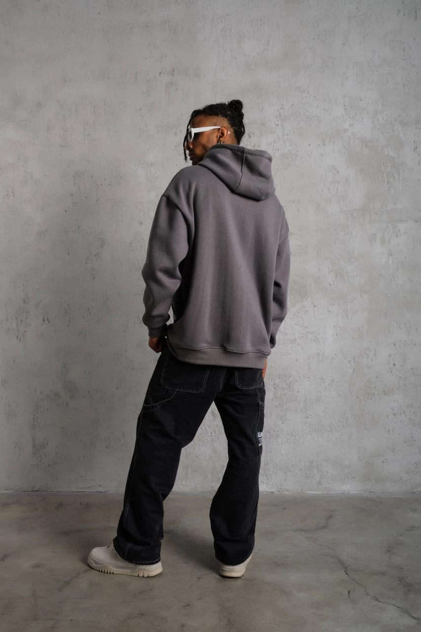 Düz Kapüşonlu Sweat - Gri -