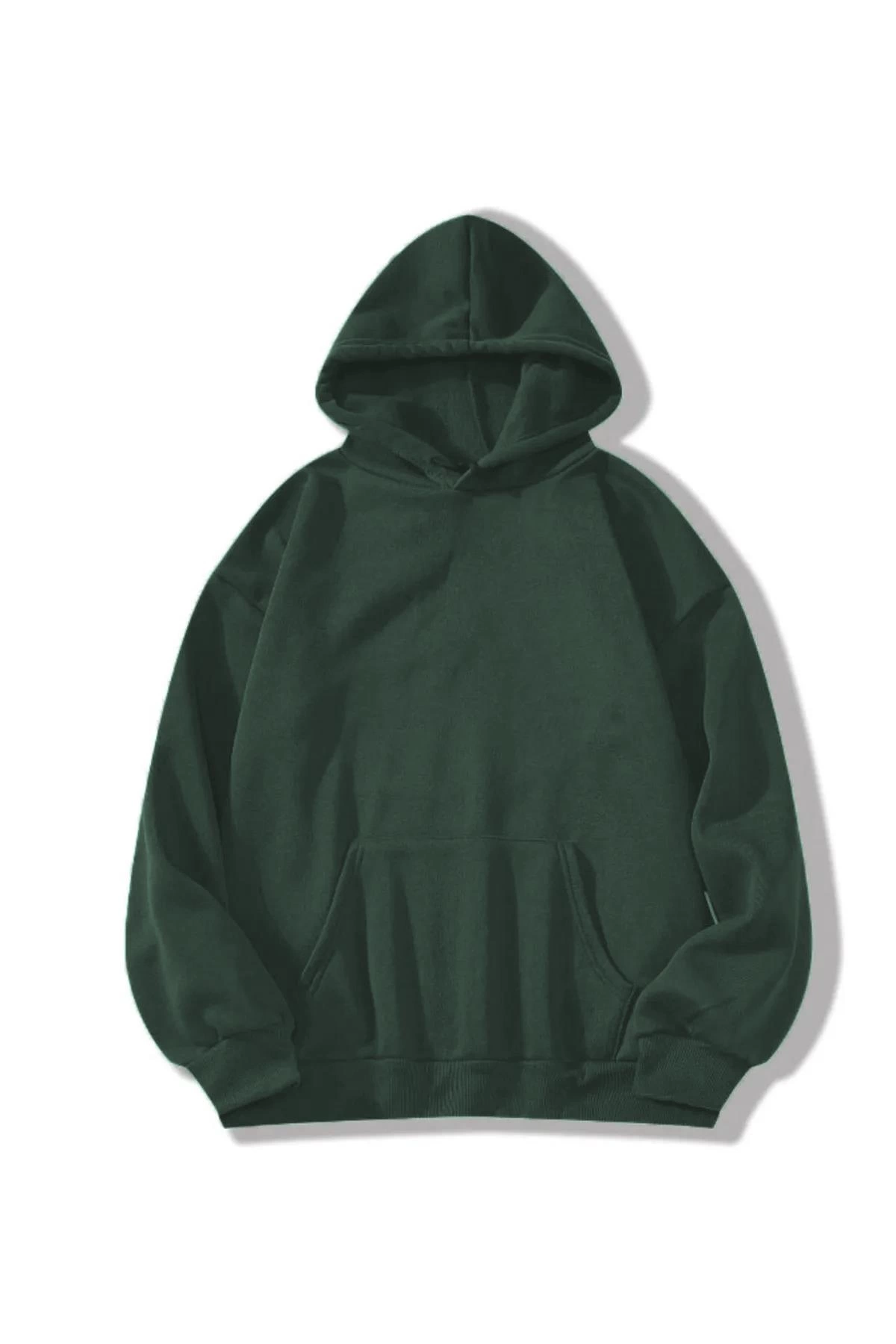 Düz Kapüşonlu Sweat - Koyu Yeşil