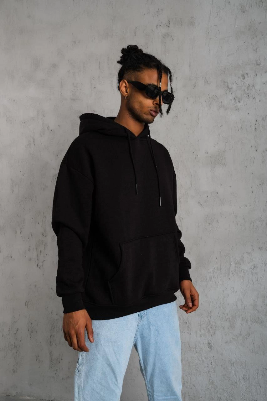 Düz Kapüşonlu Sweat - Siyah -