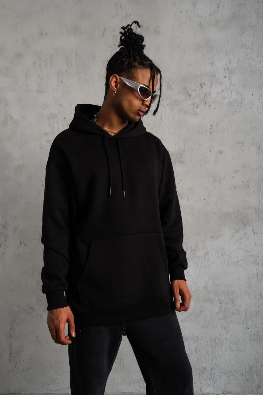 Düz Kapüşonlu Sweat - Siyah -