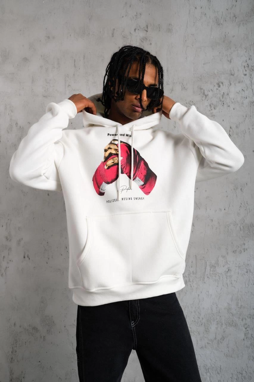 Eldiven Baskılı Kapüşonlu Sweat - Beyaz -