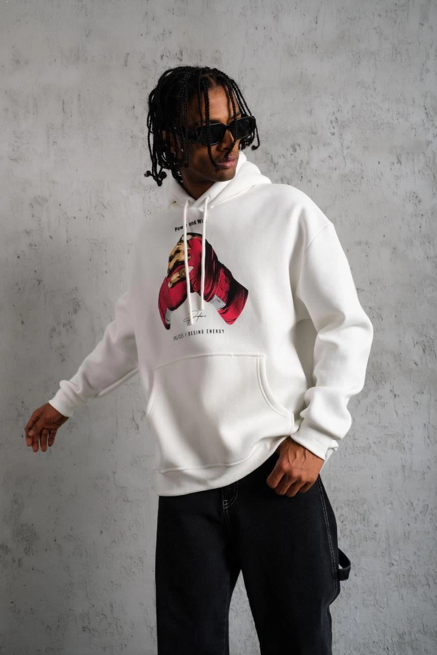 Eldiven Baskılı Kapüşonlu Sweat - Beyaz -