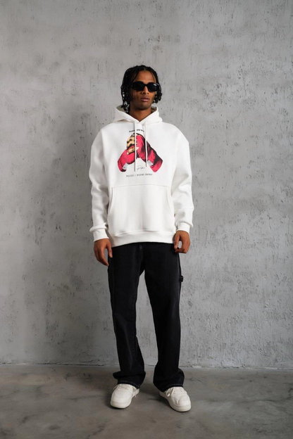 Eldiven Baskılı Kapüşonlu Sweat - Beyaz -