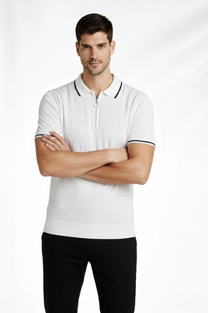 Erkek Yazlık Dokuma Triko Tişört Fermuarlı Polo Yaka Kısa Kol T-Shirt - Beyaz