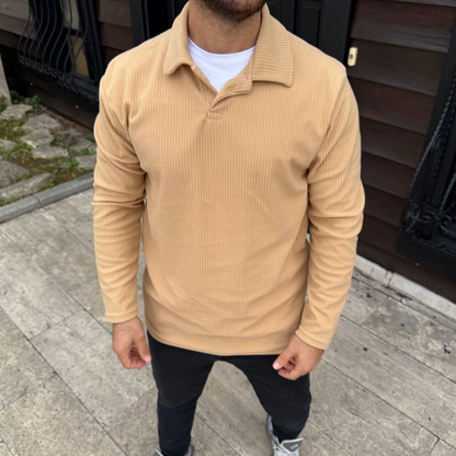 Fitilli Polar Sweatshirt - Düğmesiz Polo Yaka, Oversize Rahat Kalıp, Kalın Polar Kumaş, Kışlık ve Baharlık Şık Günlük Üst - Bej