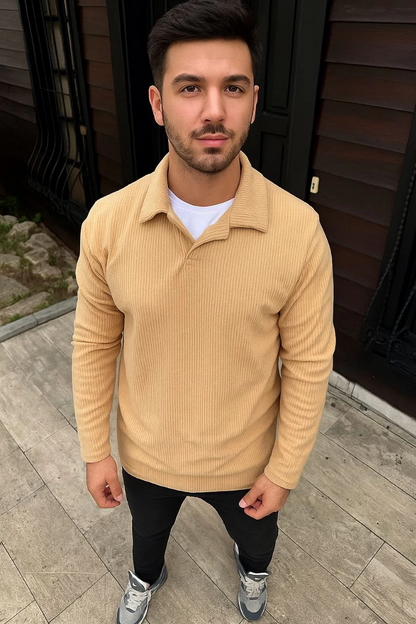 Fitilli Polar Sweatshirt - Düğmesiz Polo Yaka, Oversize Rahat Kalıp, Kalın Polar Kumaş, Kışlık ve Baharlık Şık Günlük Üst - Bej